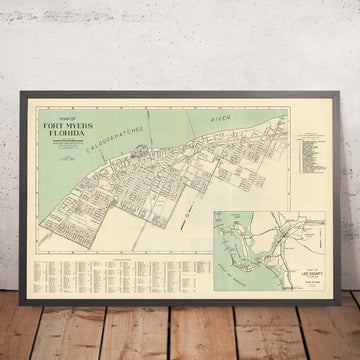 Mapa antiguo de la ciudad de Fort Myers, Florida, de Frank B. Dolph, 1945: Caloosahatchee, Ayuntamiento, puerto deportivo de yates, Palacio de Justicia, campo de golf 