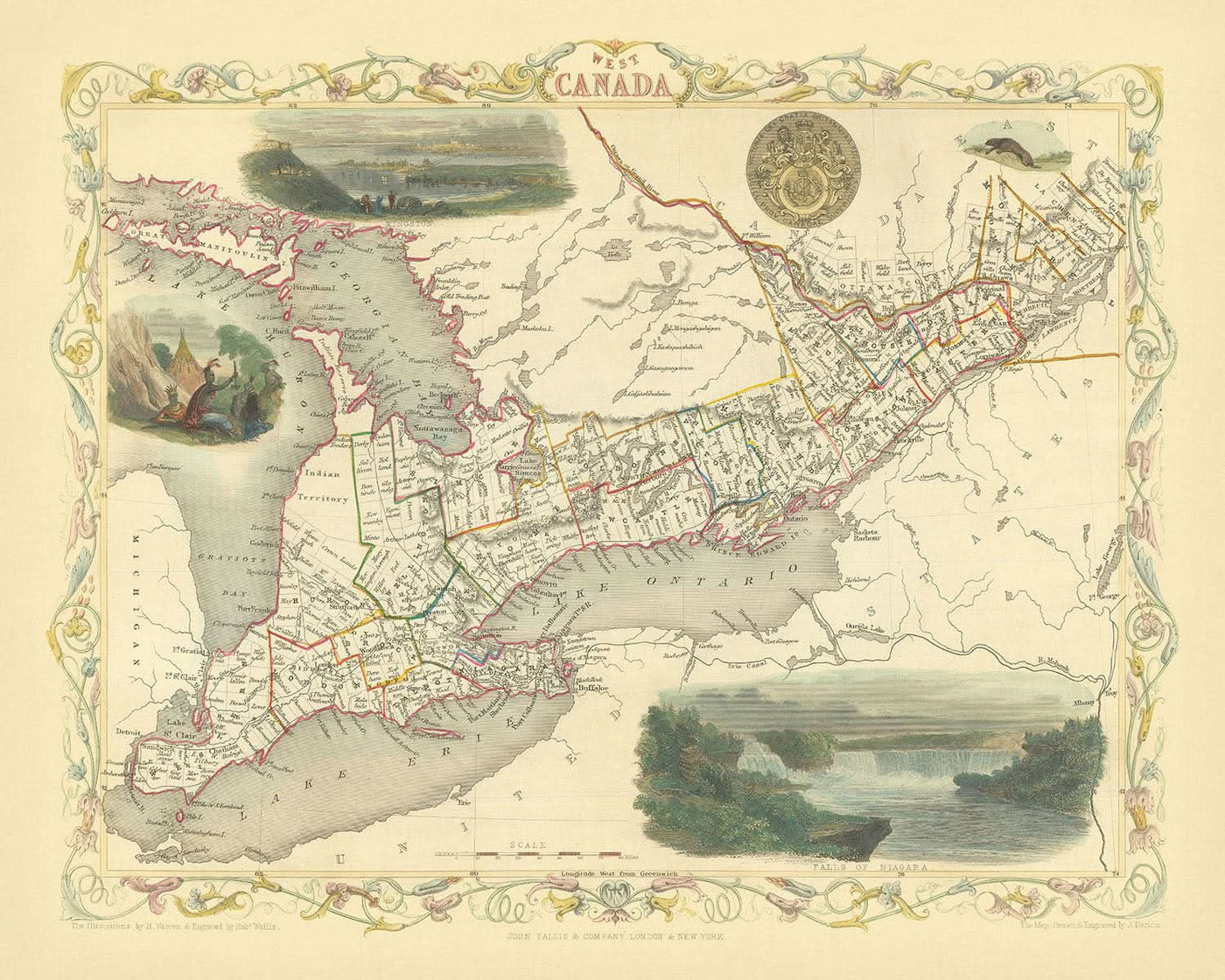 Old Map of 'West Canada' by Tallis, 1851: Toronto, Niagara Falls, Lake Erie, Kingston, Vignettes