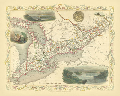 Alte Karte von 'Westkanada' von Tallis, 1851: Toronto, Niagarafälle, Eriesee, Kingston, Vignetten 