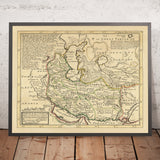 Antica rara mappa dell'Iran di Moll, 1728: Mar Caspio, Caucaso, Astrakhan, Baku, Isfahan 