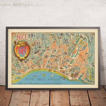 Vecchia mappa pittorica di Nizza di Poisson, 1950: Promenade des Anglais, Victorine Studios, Castello, Notre Dame, Baie des Anges 