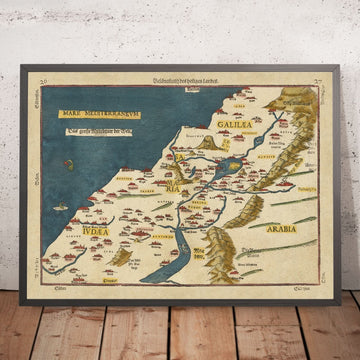 Mappa antica della Terra Santa di Bunting, 1581: Palestina, 12 Tribù, Giudea, Samaria, Galilea 
