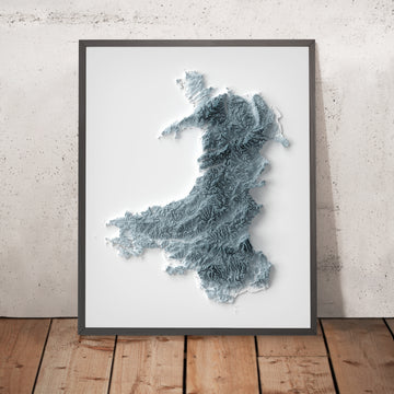 Ein gerahmtes Bild einer topografischen Reliefkarte von Wales im 3D-Stil