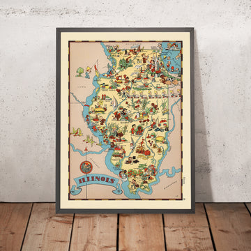 Mapa pictórico de Illinois de Ruth Taylor White, 1935: Chicago, Springfield, Peoria, ríos Mississippi e Illinois, límites de condado 