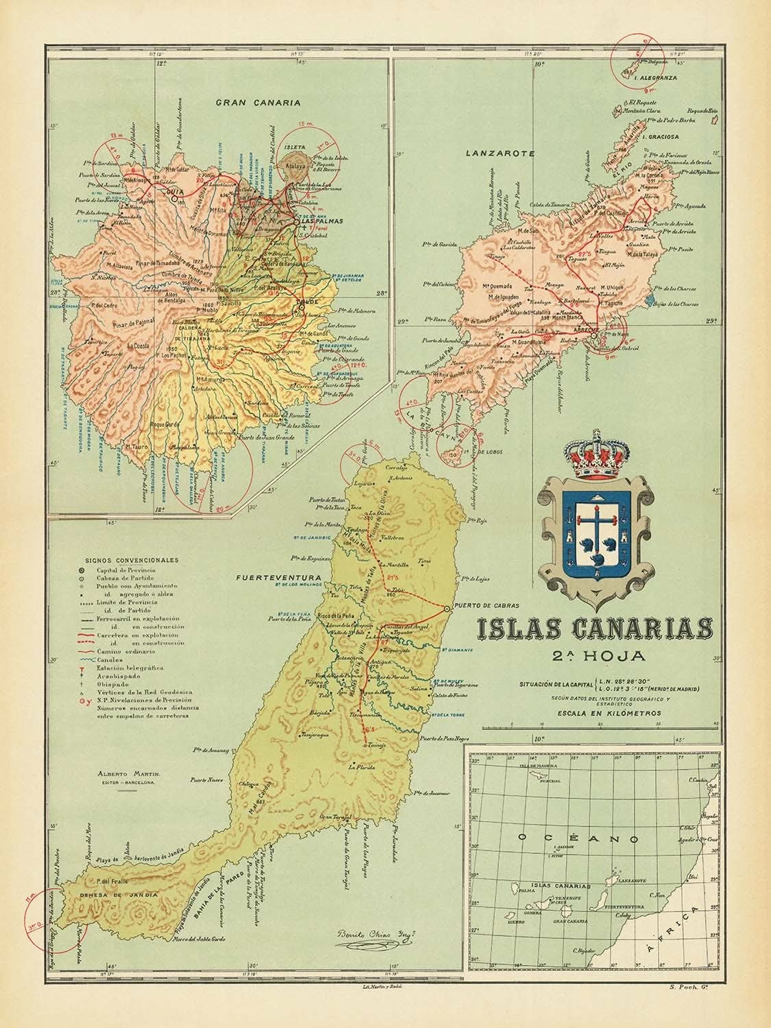 Ancienne carte des îles Canaries par Chias, 1900 : Las Palmas, Arrecife, armoiries, topographie, routes