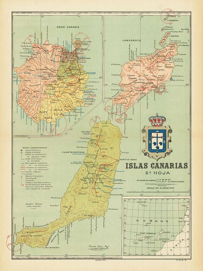 Ancienne carte des îles Canaries par Chias, 1900 : Las Palmas, Arrecife, armoiries, topographie, routes