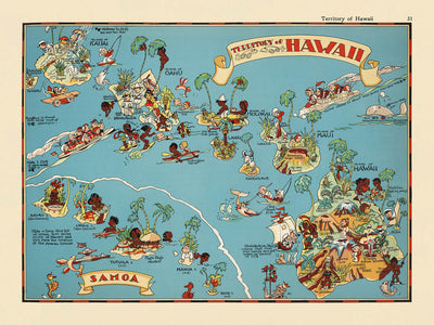 Pictorial Map of Hawaii by Ruth Taylor White, 1935: Honolulu, Hilo, Volcanoes, Plantations, Surfing