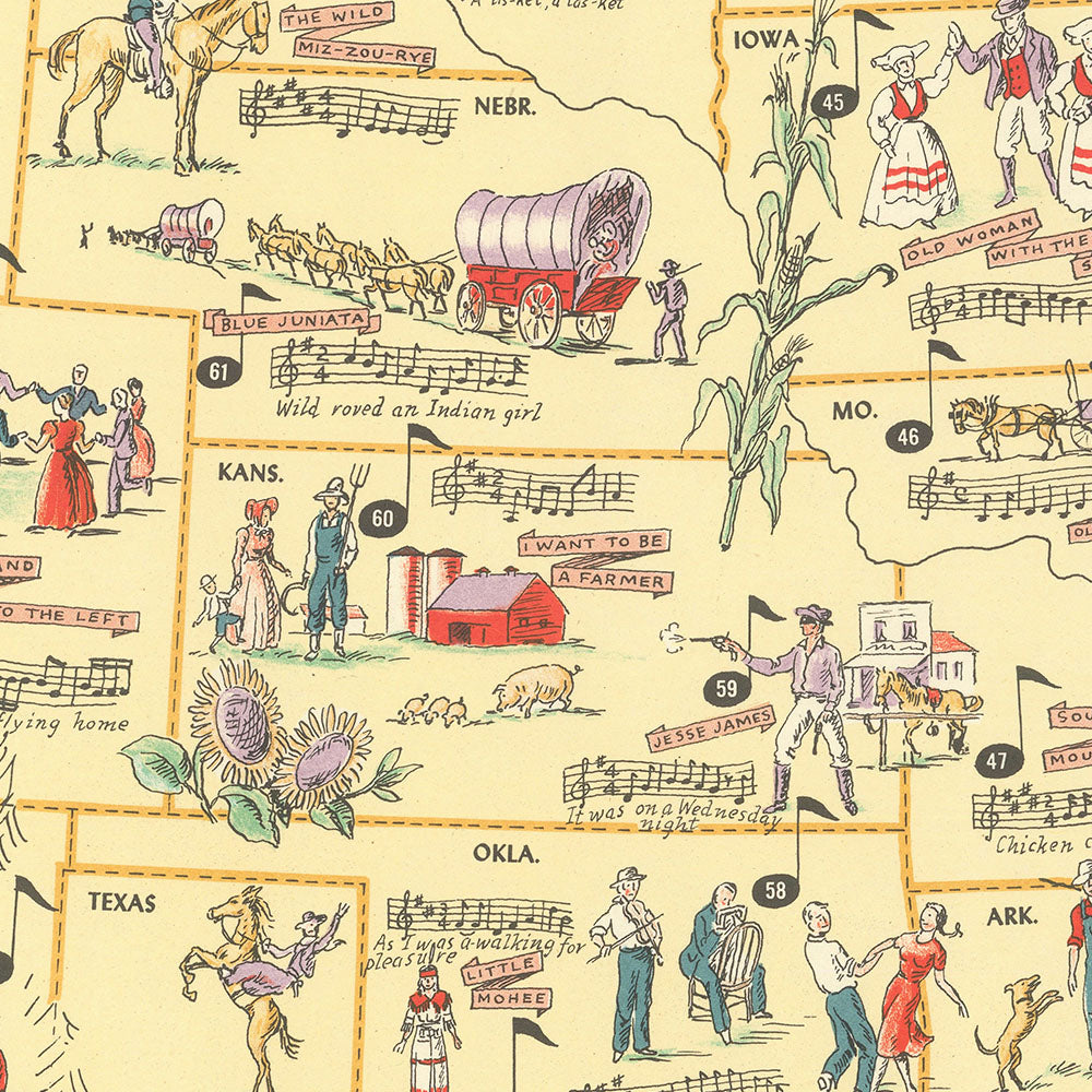 Old Folk Music Map of United States by Lawrence, 1946: Zuni Symbols, Bayou Ballads, Musical Themes