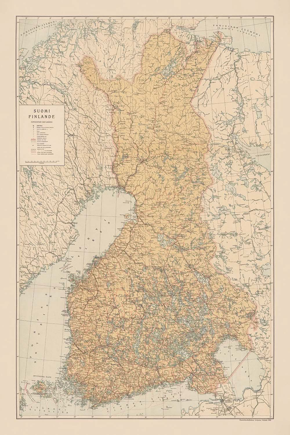 Old Map of Finland (Suomi), 1930: Helsinki, Tampere, Gulf of Bothnia, Railways, Borders