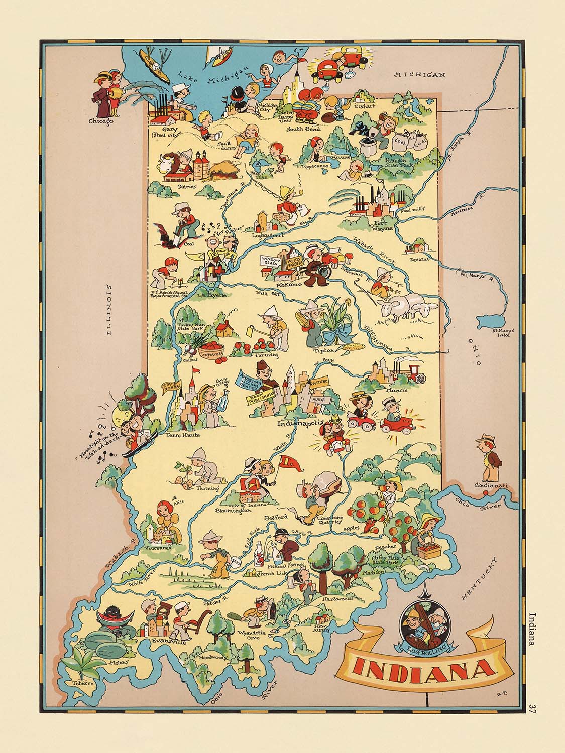 Pictorial Map of Indiana by Ruth Taylor White, 1935: Indianapolis, Fort Wayne, Evansville, Wabash River, Industry Icons