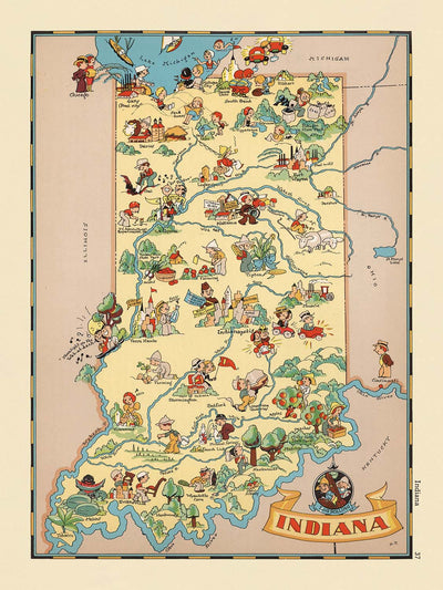Pictorial Map of Indiana by Ruth Taylor White, 1935: Indianapolis, Fort Wayne, Evansville, Wabash River, Industry Icons