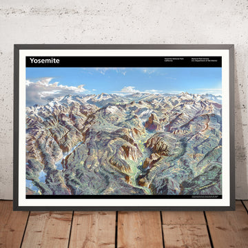 Antica mappa panoramica del Parco Nazionale di Yosemite di Berann, 1989: El Capitan, Half Dome, Glacier Pt, Mono Lake, Tioga Pass 