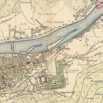 Alter Stadtplan von Heidelberg von Rübsamen, 1907: Schloss, Neckar, Neuenheim, Bergheim, Philosophenweg