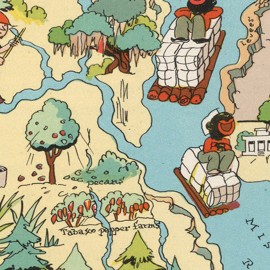 Mappa Pittorica della Louisiana di Ruth Taylor White, 1935: New Orleans, Baton Rouge, Jazz, Bayou, Mardi Gras 