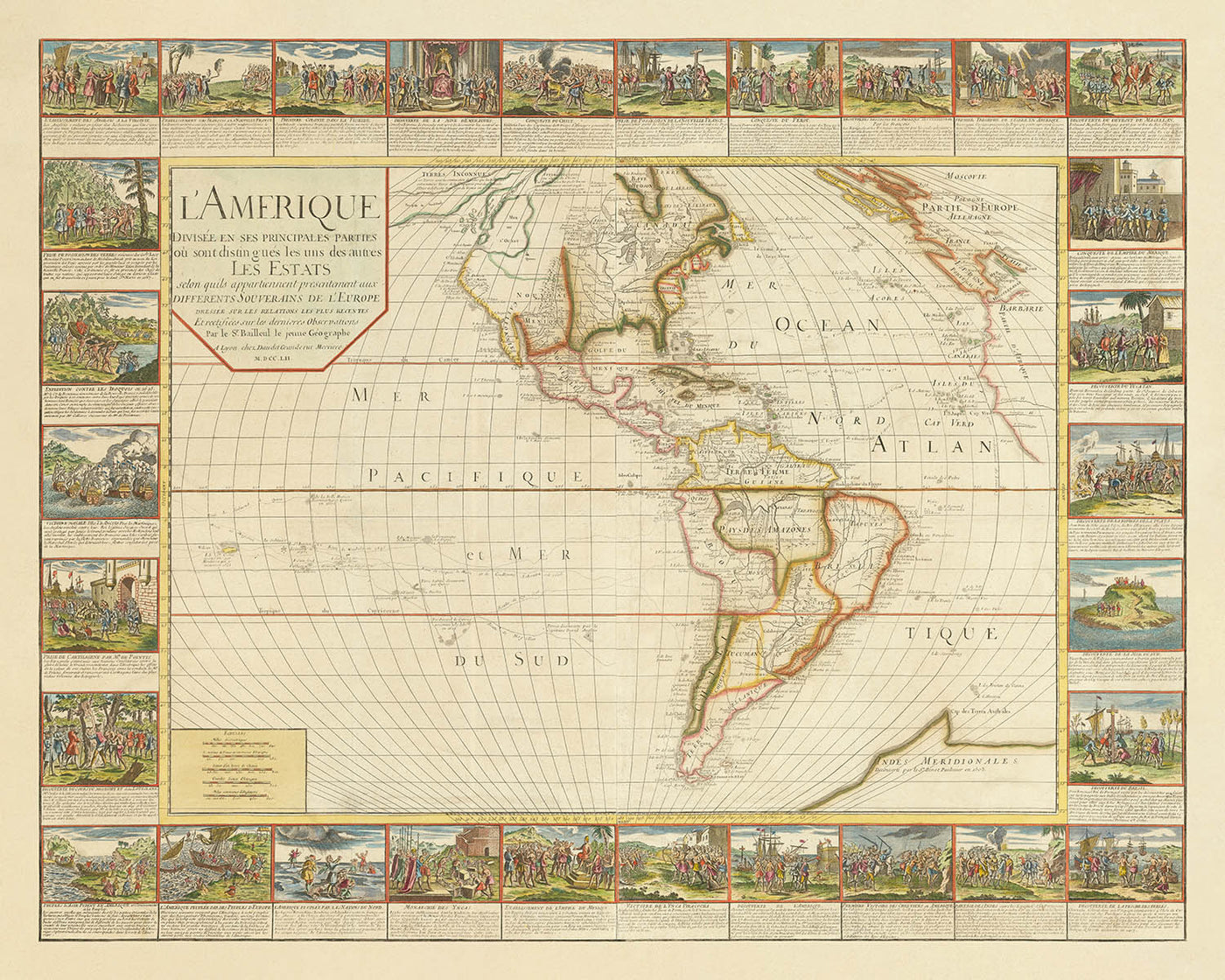 Large Old French Map of the Americas by Bailleul, 1752: Illustrated Exploration & Colonialism, French & Spanish Claims