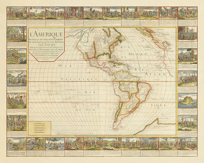 Large Old French Map of the Americas by Bailleul, 1752: Illustrated Exploration & Colonialism, French & Spanish Claims