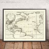 Old Map of the North Atlantic by Coronelli, 1691: Mercator projection; Baroque cartouche; Antonio Zeno discovery claim