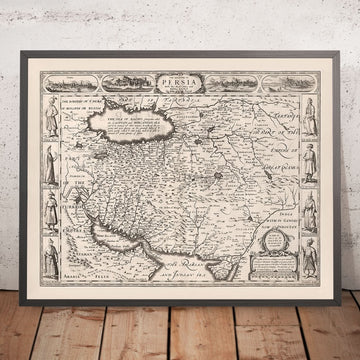 Alte monochrome Karte von Persien von Speed, 1676: Iran, Isfahan, Kaspisches Meer, Persischer Golf, Shiraz, Tabriz 