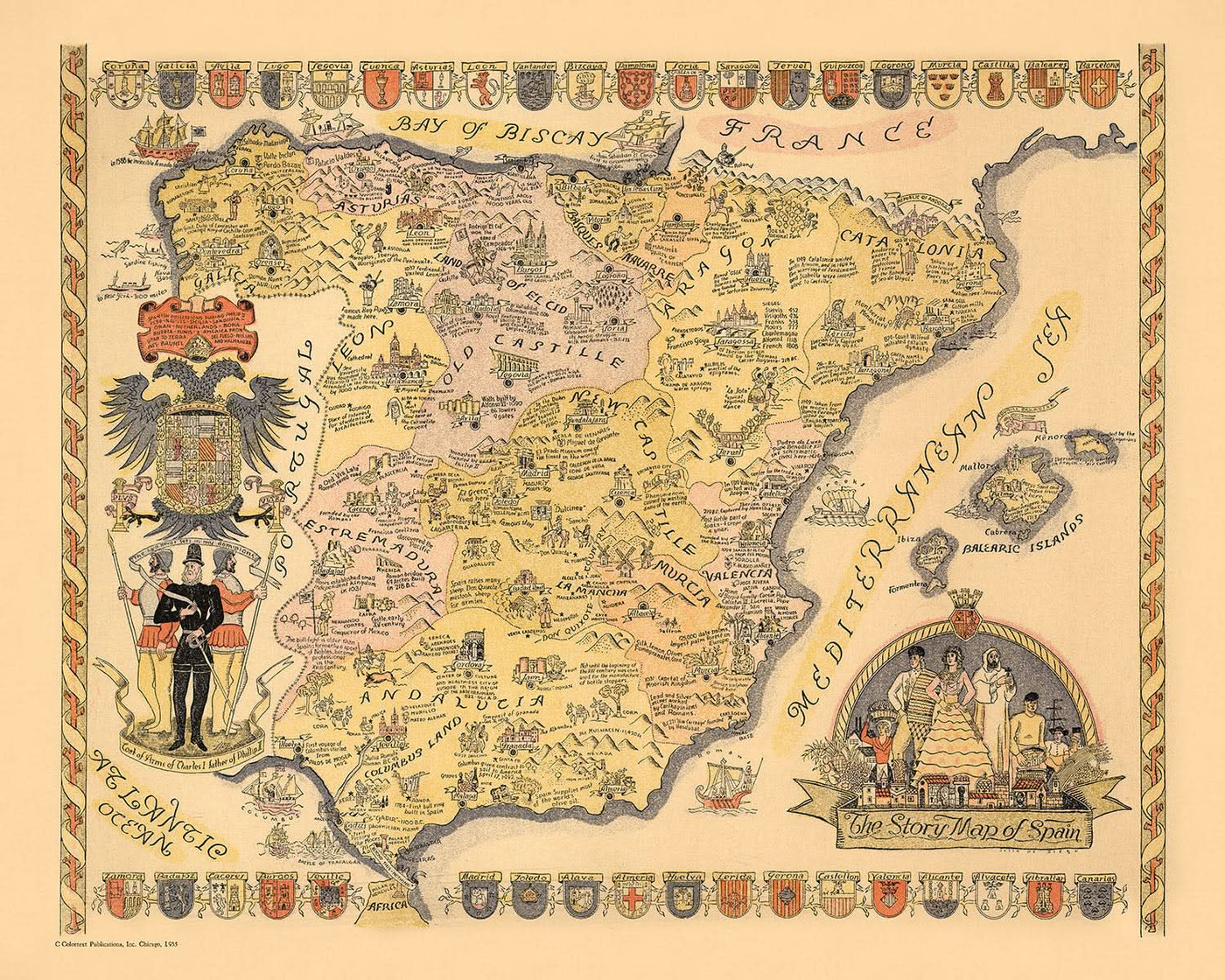 Old Pictorial Map of Spain, 1935: Madrid, Barcelona, Seville, Bay of Biscay, Historical Vessels