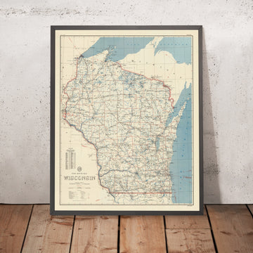 Old Post Route Map of Wisconsin, 1950: Milwaukee, Madison, Green Bay, Kenosha, Racine