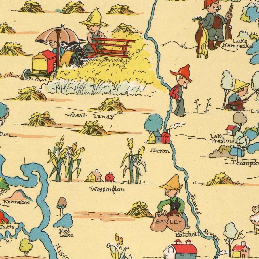 Mappa pittorica del Dakota del Sud di Ruth Taylor White, 1935: Sioux Falls, Black Hills, Monte Rushmore, Fiume Missouri, Badlands 