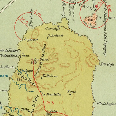 Ancienne carte des îles Canaries par Chias, 1900 : Las Palmas, Arrecife, armoiries, topographie, routes