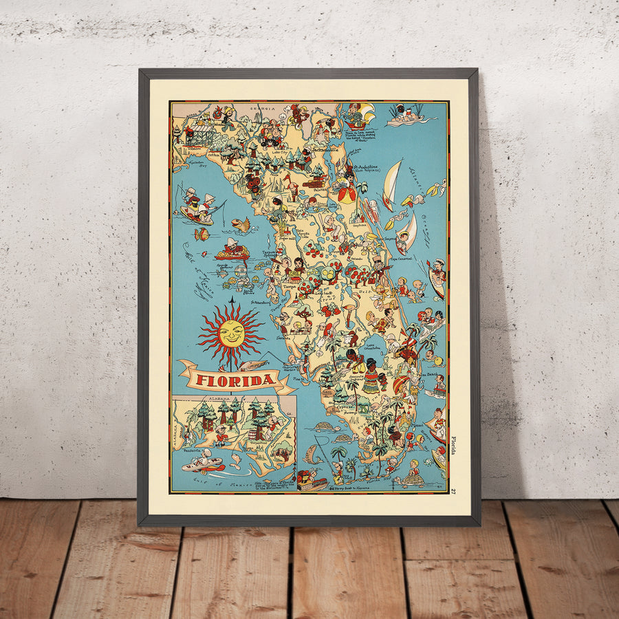 Mappa Pittorica della Florida di Ruth Taylor White, 1935: Everglades, Miami, Orlando, Keys, Frutteti di Agrumi 