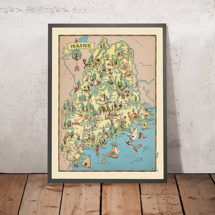 Mappa Pittorica del Maine di Ruth Taylor White, 1935: Portland, Bangor, Legname, Pesca di Aragoste, Katahdin 