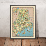 Bildkarte von Maine von Ruth Taylor White, 1935: Portland, Bangor, Holzernte, Hummerfischerei, Katahdin 