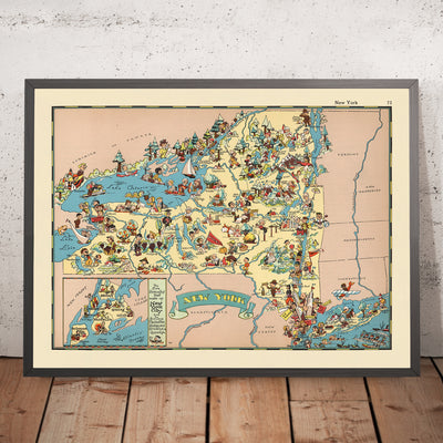 Pictorial Map of New York by Ruth Taylor White, 1935: NYC, Niagara Falls, Adirondacks, Erie Canal, Hudson River