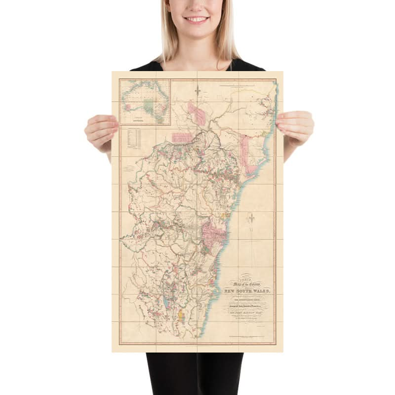 Mapa antiguo de Nueva Gales del Sur de Dixon, 1837: Sídney, Newcastle, Wollongong, ríos, condados