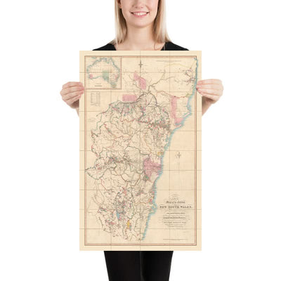 Ancienne carte de la Nouvelle-Galles du Sud par Dixon, 1837 : Sydney, Newcastle, Wollongong, rivières, comtés