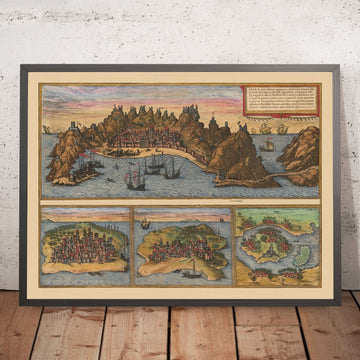 Vecchia mappa pittorica di Aden di Braun & Hogenberg, 1572: Mombasa, Kilwa, Sofala, fortificazioni, porti, navi 