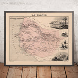 Mapa antiguo de Senegal (África Francesa) de Vuillemin, 1869: Dakar, Saint-Louis, ríos Senegal y Gambia, colonial 
