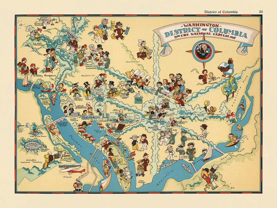Mappa pittorica di Washington D.C. di Ruth Taylor White, 1935: Campidoglio, Casa Bianca, Memoriale di Lincoln, Monumento a Washington, Fiume Potomac 