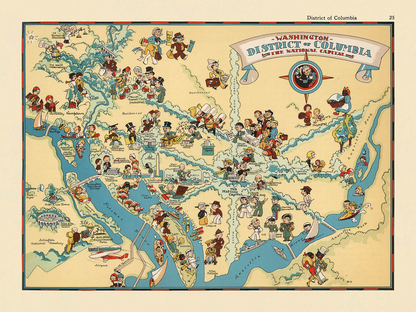 Pictorial Map of Washington D.C. by Ruth Taylor White, 1935: Capitol, White House, Lincoln Memorial, Washington Monument, Potomac River