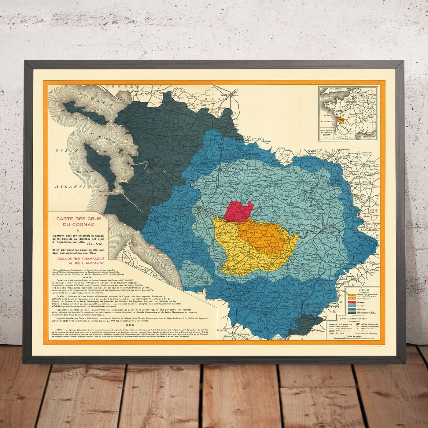 Old Wine Map of Cognac by Bidoit, 1938: Bordeaux, La Rochelle, Cru Classifications, Railways