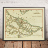 Antica mappa militare dell'assedio di Yorktown di Stedman, 1793: Virginia, Gloucester, Ridotti 9 e 10, Flotta francese, Washington 