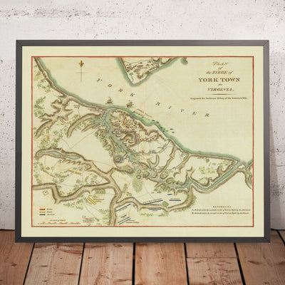 Ancienne carte militaire du siège de Yorktown par Stedman, 1793 : Yorktown, Gloucester, redoutes 9 et 10, flotte française, Washington