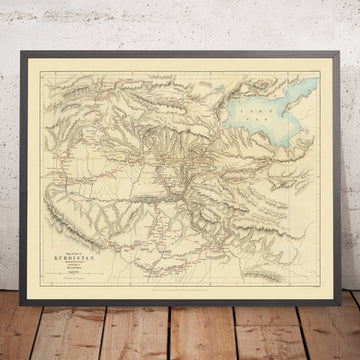 Ancienne carte du Kurdistan par la Société géographique royale, 1865 : lac de Van, Diyarbakir, Erzurum, montagnes 