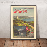 Cartel de viaje del Lago Lemán: Lac Léman – Chemins de fer Jura-Simplon de F. Hugo d'Alesi, 1895 