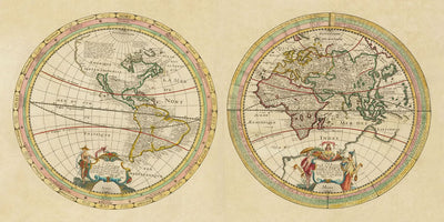 Mapa del Viejo Mundo de los hemisferios oriental y occidental, de Tavernier, 1661: California como isla, vientos clásicos, diseño concéntrico