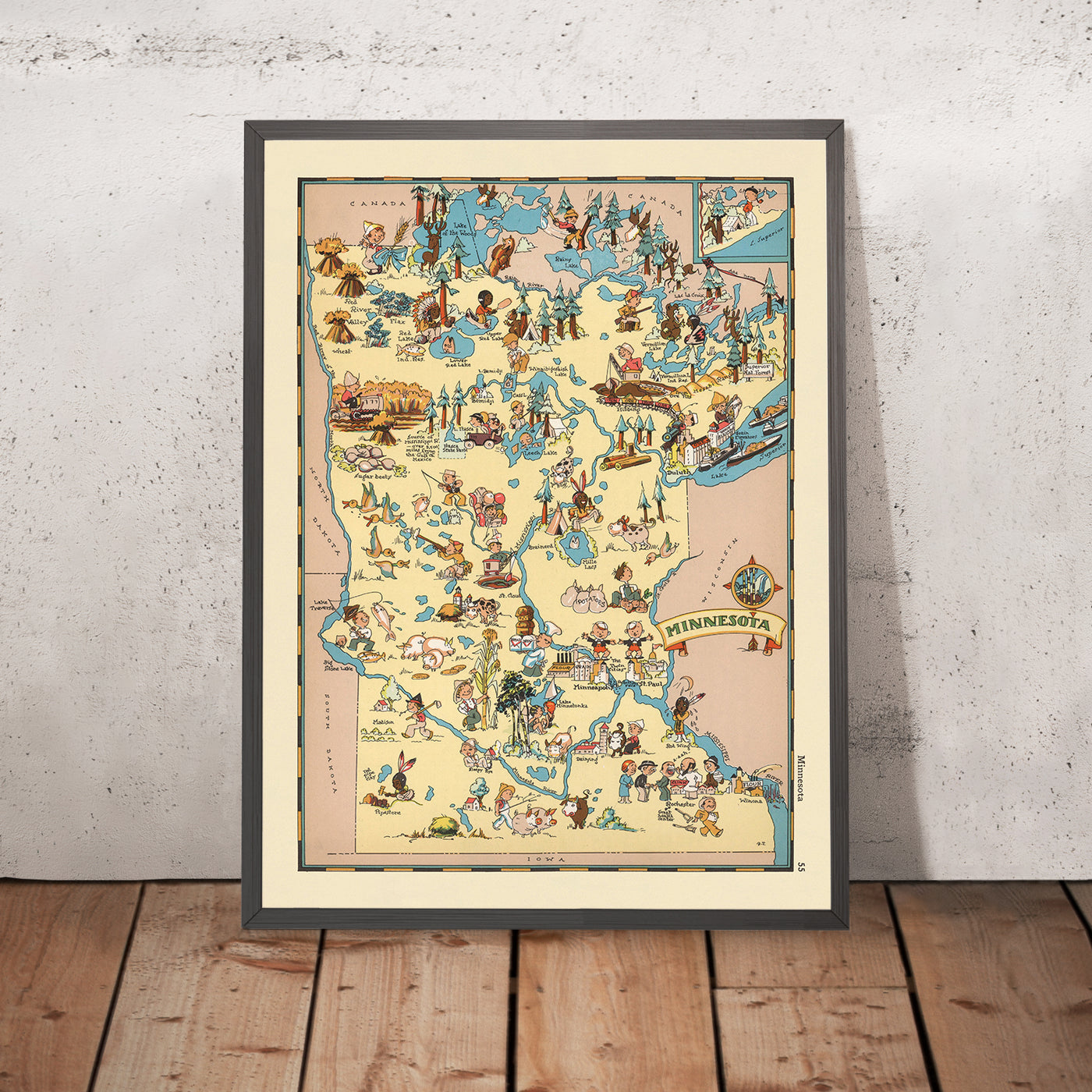 Pictorial Map of Minnesota by Ruth Taylor White, 1935: Minneapolis, Saint Paul, Duluth, Land of 10,000 Lakes, Timber Industry