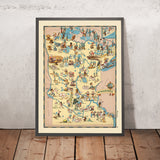 Pictorial Map of Minnesota by Ruth Taylor White, 1935: Minneapolis, Saint Paul, Duluth, Land of 10,000 Lakes, Timber Industry
