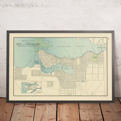 Mapa antiguo de la ciudad de Vancouver por Cram, 1895: Parque Stanley, Parque Hastings, False Creek, Entrada Burrard, Bahía Inglesa 