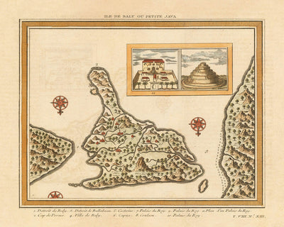 Old Map of Bali by Schley, 1770: Ville de Baly, Palaces, Compass Roses, Mountains, Rivers