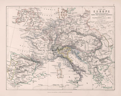 Mapa militar antiguo de la Europa napoleónica de Johnston, 1812: París, Viena, Roma, batallas, campañas