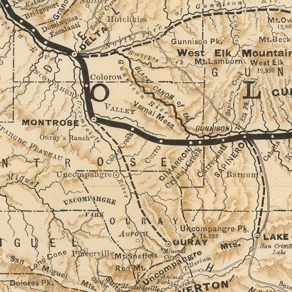 Old Railroad Map of Denver & Rio Grande Railroad System, 1882: Denver, Pueblo, Leadville, San Miguel County, Utah