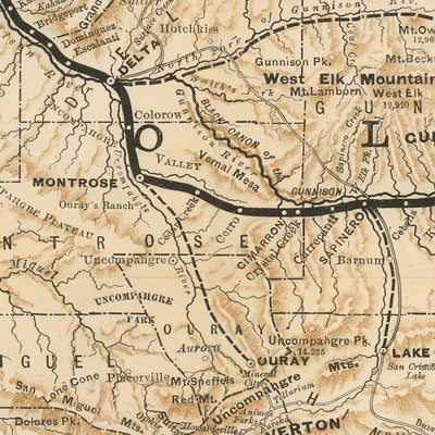 Old Railroad Map of Denver & Rio Grande Railroad System, 1882: Denver, Pueblo, Leadville, San Miguel County, Utah