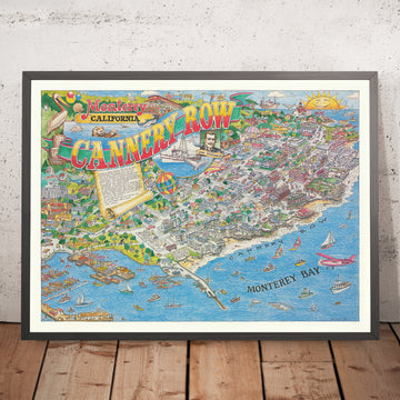 Vecchia mappa illustrata di Monterey, California di Gilliland, 1988: Cannery Row, Waterfront, Wave St, Foam St, Steinbeck 